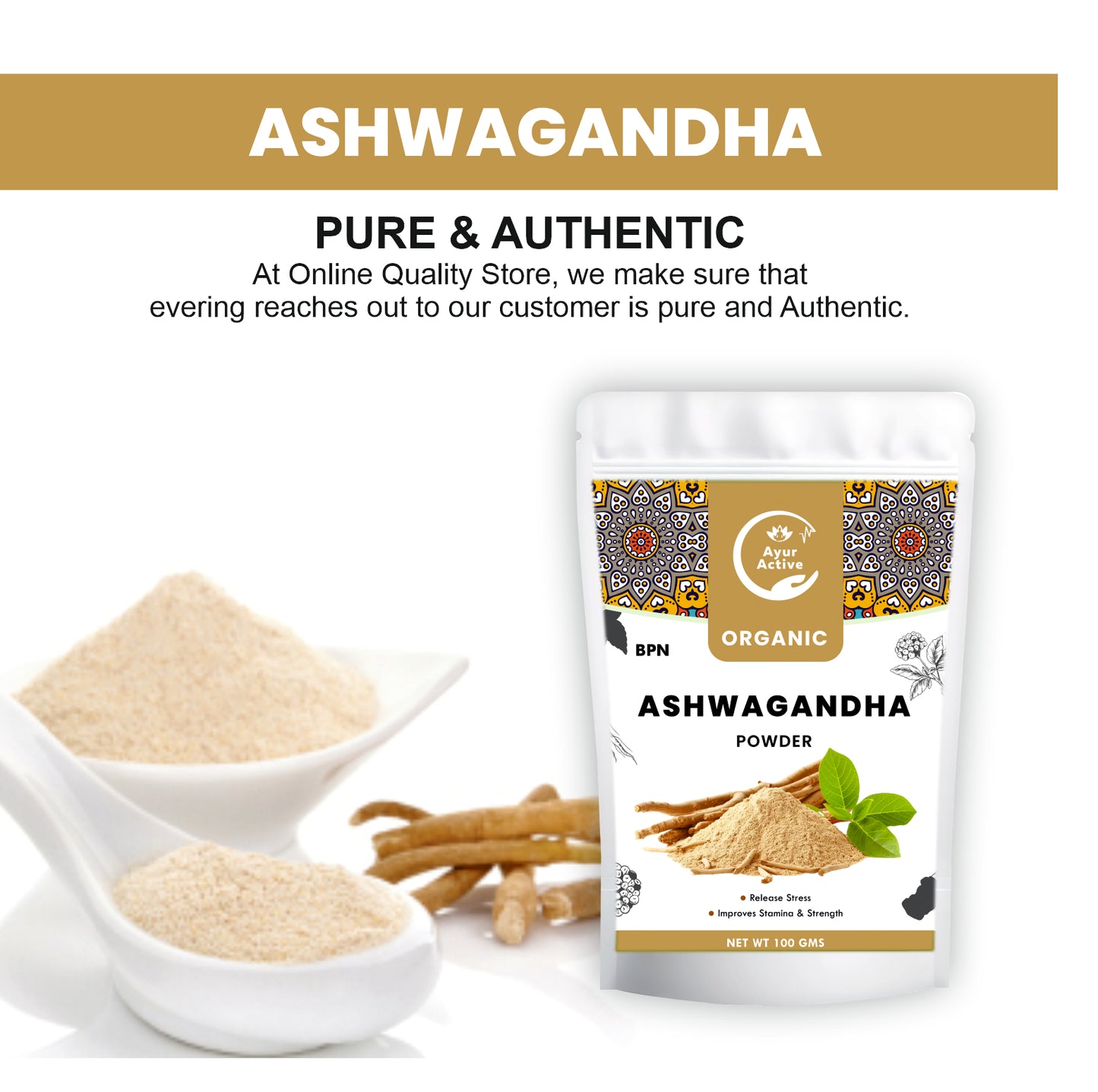Ayur Active Ashwagandha Powder | 100% Pure & Natural | Stress Relief, Energy Boost & Immunity Support