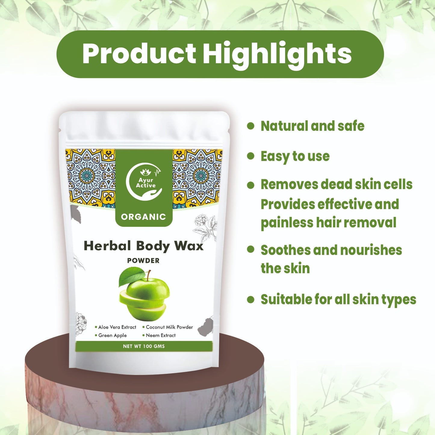 Ayur Active Painless Herbal Wax Powder | 100% Natural Hair Removal | Gentle & Effective for All Skin Types