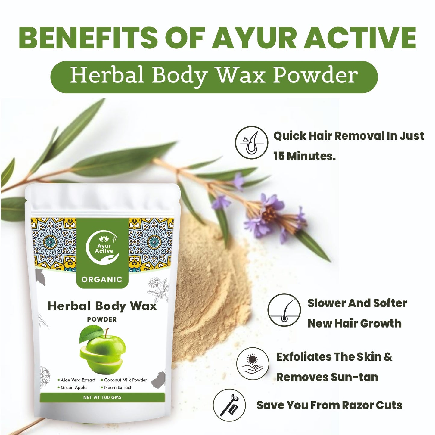 Ayur Active Painless Herbal Wax Powder | 100% Natural Hair Removal | Gentle & Effective for All Skin Types