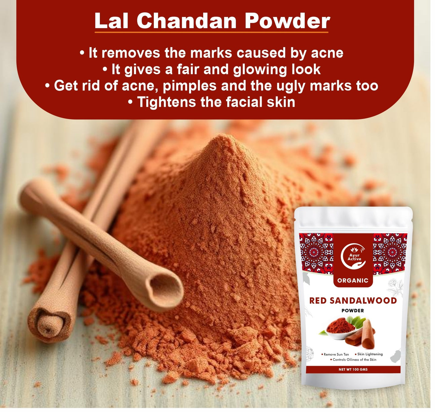 100% Pure & Natural Red Sandalwood Powder (Lal Chandan) –  Glowing Skin & Hair Care | Ayurvedic Face Pack & Scrub | No Additives, Chemical-Free – 100g